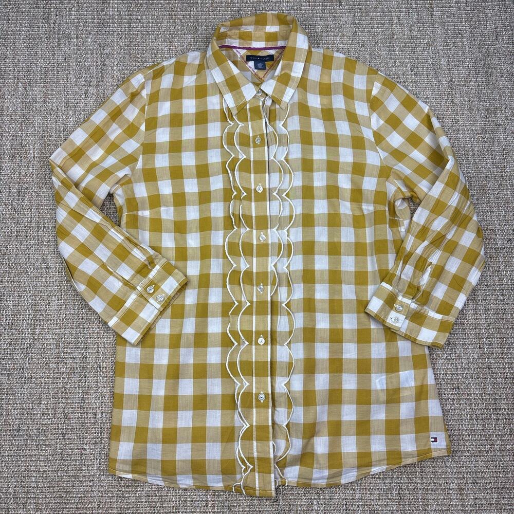 🌼 Tommy Hilfiger Gingham Ruffle Blouse | Size Large | Mustard Yellow